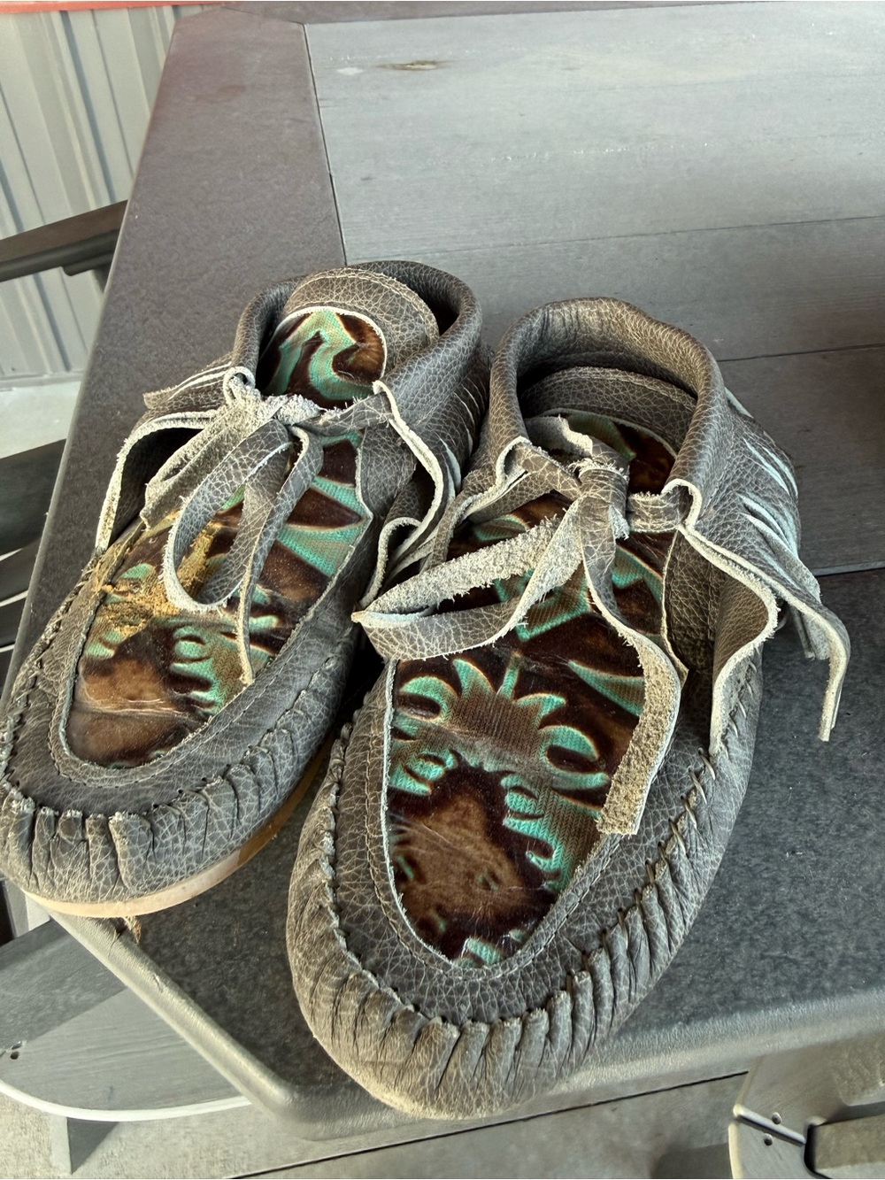 Gray Leather Moccasin sneakers with Teal Brown Leather